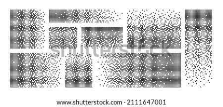 Pixel disintegration background. Decay effect. Dispersed dotted pattern. Concept of disintegration. Set pixel mosaic textures with simple square particles. Vector illustration on white background.