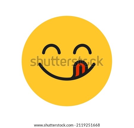 Yummy smile emoji with tongue lick mouth. Delicious tasty food symbol for social network. Yummy and hungry icon. Savory gourmet. Enjoy food sign. Vector illustration isolated on white background.