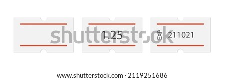 Paper price tag with two red stripes. Blank price label. White sticker to indicate the expiration date. Vector illustration isolated on white background.