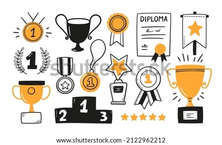 Awards, trophy cups, first place medals and podium winners set. Doodle gold medal and champion trophy cup. Hand drawn award decorative icons. Vector illustrations isolated on white background.
