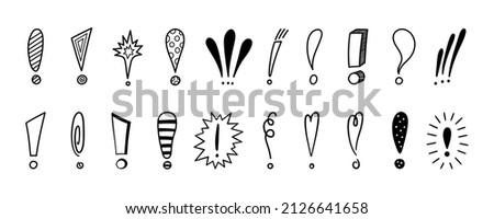 Hand drawn exclamation marks set. Hazard warning hand draw symbol. Attention doodle icons. Exclamations marks icons. Vector illustration isolated in doodle style on white background.
