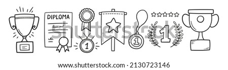 Awards, trophy cups, first place medals and diploma set. Doodle gold medal and champion trophy cup. Hand drawn award decorative icons. Vector illustrations isolated on white background.