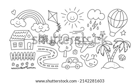 Children drawings set. Kids doodle. Hand drawn road with car and cute house. Sand island and palm trees. Smiling sun, cloud and rainbow. Editable stroke. Vector illustration on white background.