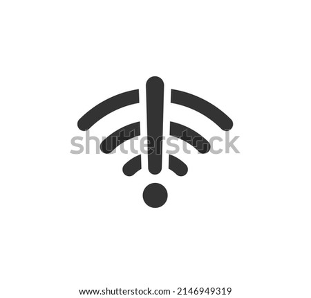 Wifi symbol and exclamation mark icon. Jamming wireless internet signal. Wi-Fi error. Failure wifi icon. Disconnected wireless internet signal. Vector illustration isolated on white background.