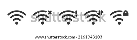 Wi Fi icons set - blocked, data transmission, network error. Wifi signal status icons. Wireless internet connection signal. Vector illustration isolated on white background.