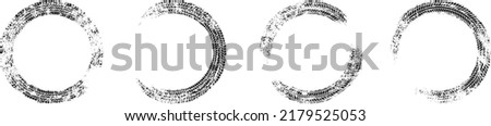 Auto tire tread grunge circle frames set. Car and motorcycle tire pattern, wheel tyre tread track. Black tyre round border. Vector illustration isolated on white background.