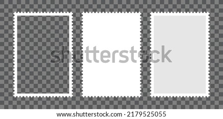 Postage stamp frames set. Empty border template for postcards and letters. Blank rectangle and square postage stamps with perforated edge. Vector illustration isolated on transparent background.