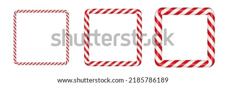 Christmas candy cane square frame with red and white striped. Xmas border with striped candy lollipop pattern. Blank christmas and new year template. Vector illustration isolated on white background