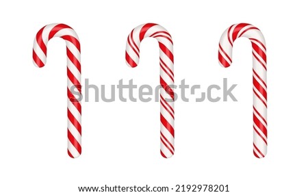 Christmas candy canes. Christmas stick. Traditional xmas candy with red, green and white stripes. Santa caramel cane with striped pattern. Vector illustration isolated on white background.
