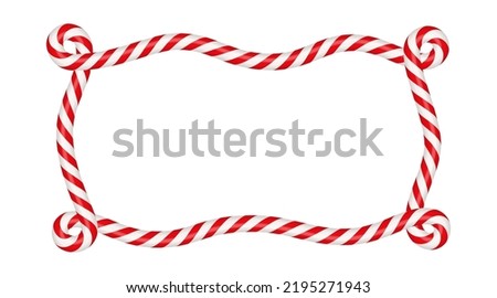 Christmas candy cane rectangle frame with red and white stripe. Xmas border with striped candy lollipop pattern. Blank christmas and new year template. Vector illustration isolated on white