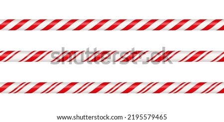 Christmas candy cane straight line border with red and white striped. Xmas seamless line with striped candy lollipop pattern. Christmas element. Vector illustration isolated on white background.