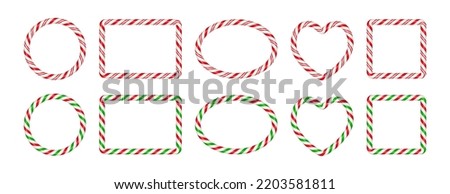 Christmas candy cane frames with red and green striped. Xmas circle, oval, square border with striped candy lollipop pattern. Blank christmas template. Vector illustration isolated on white background