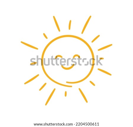 Doodle childish sun icon. Scribble yellow sun with rays and smile symbol. Doodle funny children drawing. Hand drawn burst. Hot weather sign. Vector illustration isolated on white background.