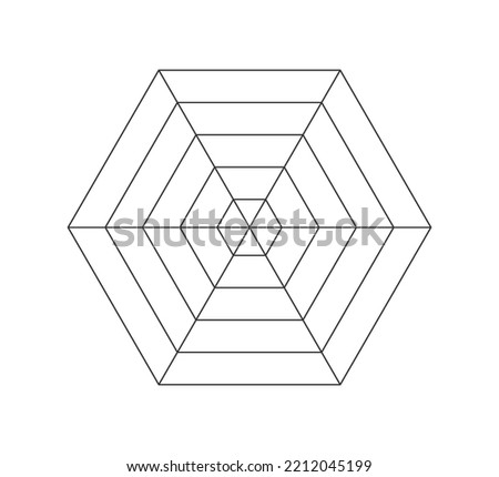 Hexagonal radar or spider diagram template. Hexagon graph. Flat spider mesh. Blank six sided radar chart. Kiviat diagram for statistic and analitic. Vector illustration isolated on white background.