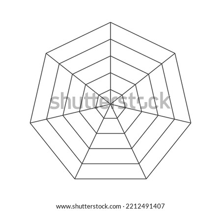 Heptagonal radar spider diagram template. Heptagon graph. Flat spider mesh. Blank seven sided radar chart. Kiviat diagram for statistic and analitic. Vector illustration isolated on white background.