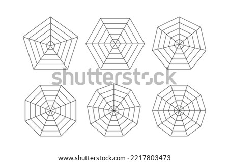 Radar or spider diagram template. Flat spider mesh. Blank radar charts. Pentagon and hexagon graphs. Kiviat diagram for statistic and analitic. Vector illustration isolated on white background.