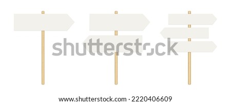 Signboard with wooden pole. Direction sign post with arrow. Street road boards. Realistic signpost to choose road or street. Vector illustration isolated on white background.