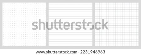 Dotted, line and squared grid notebook seamless pattern for bullet journal. Black point texture. Black dot grid for notebook paper. Grid paper sheet. Vector illustration on white background.
