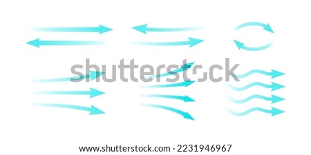 Air flow. Set of blue arrows showing direction of air movement. Wind direction arrows. Blue cold fresh stream from the conditioner. Vector illustration isolated on white background.