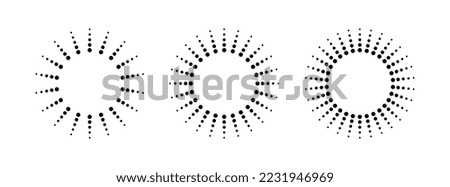 Dot radial circle lines. Circular radiating speed geometric lines. Sun star rays symbol. Abstract halftone striped design element. Motion lines. Vector illustration isolated on white background.