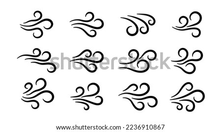 Hand drawn wind air flow icon set. Free breath symbol. Fresh air flow sign. Doodle wind blow icons collection. Weather symbol. Climate design element. Vector illustration isolated on white background.