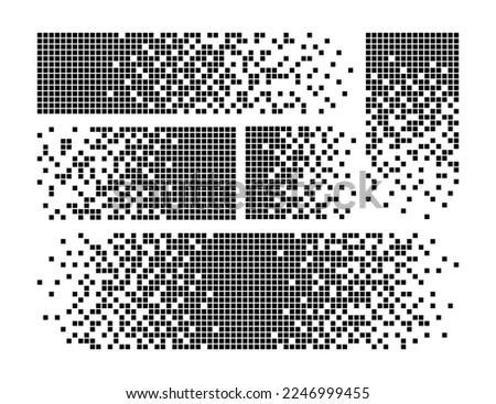 Pixel disintegration background. Halftone fragment. Dispersed dotted pattern. Concept of disintegration. Square pixel mosaic textures with square particles. Vector illustration on white background.