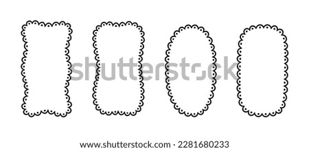 Doodle retangle and oval scalloped frames. Hand drawn scalloped edge rectangle and ellipse shapes. Simple label form. Flower silhouette lace frame. Vector illustration isolated on white background.