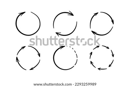 Round doodle arrows. Hand drawn circle arrow icons set. Recycle sketch signs. Repeat graphic line symbols. Vector doodle illustration isolated on white background.