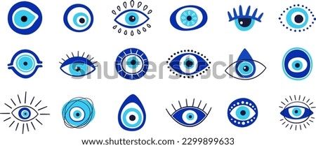 Evil eye talisman icons. Turkish or greek eye symbols. Greece ethnic magic amulet. Mystical blue hamsa icons set in hand drawn style. Nazar amulet symbol. Vector illustration isolated in doodle style.