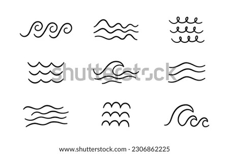 Doodle sea wave icons. Hand drawn simple wavy lines. Sea storm scribble icons set. Ocean water flow curve sketch. Aqua doodle symbols. Vector illustration isolated on white background.