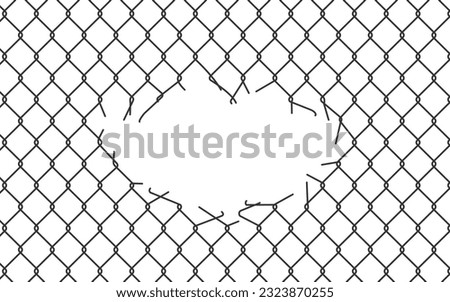 Broken wire mesh fence. Rabitz or chain link fence with cut hole. Torn wire pirson mesh texture. Cut metal lattice grid. Vector illustration isolated on white background.