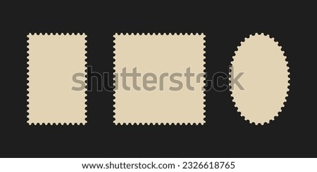Postage stamp frames set. Empty border template for postcards and letters. Blank rectangle and square vintage postage stamps with perforated edge. Vector illustration isolated on black background.