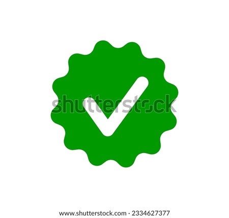 Check tick mark on wavy edge green circle sticker. Star burst shape tag with approved icon. Premium official account. Verify icon stamp. Vector illustration isolated on white background.