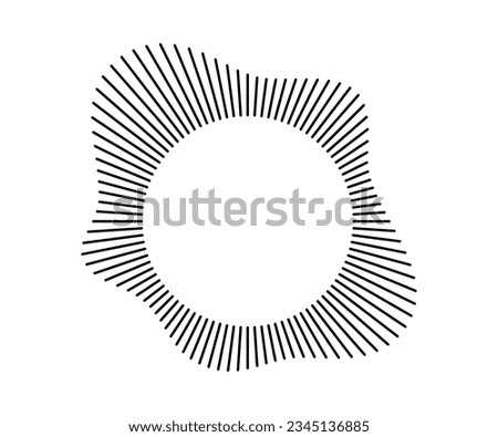 Radial wave sound lines. Circular frame. Sound circle ring. Wavy roun frame. Radial sun rays symbol. Wavy geometric silhouette. Abstract design element. Vector illustration on white background.