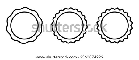 Circle seal stamp icons. Vintage wavy edge circle sticker. Star burst shape tags. Blank sale round sticker. Simple line circle wax seal. Vector illustrations set isolated on white background.