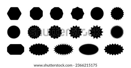 Callout star sticker. Starburst price badge sticker. Promo tag icon with scalloped edge. Wavy sale circles and ellipse seal stamps. Vector illustration isolated on white background.