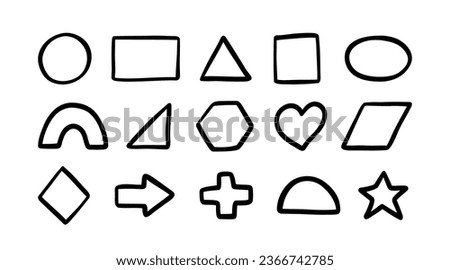 Doodle basic geometric shapes set. Hand drawn math figure icons collection. Doodle cute circle, square and triangle. Child drawing for learning games. Vector illustration isolated on white background.