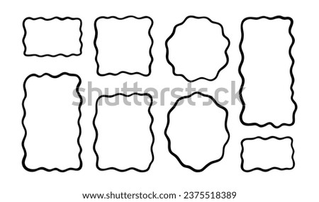 Doodle wave curve edge frame. Hand drawn wavy rectangle borders. Doodle brush drawn square and circle picture frame. Vector illustration isolated on white background.