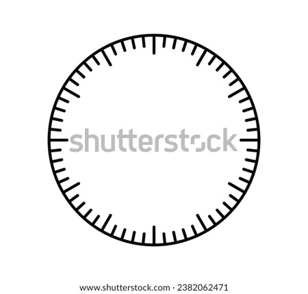 Blank mechanical clock face divided into seconds and minutes. Round meter scale. Watch dial. Timer template. Simple clock face. Vector illustration on white background.