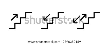 Stairs up and down icon with arrow. Stairway direction sign. Up and down stair symbol. Escalator black pictogram. Vector illustration isolated on white background. Editable stroke.