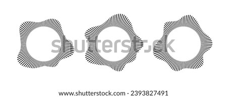 Radial wave sound lines. Circular frame. Sound circle ring. Wavy round frame. Radial rays symbol. Wavy geometric design element. Equalizers, radial spectrum. Vector illustration on white background.