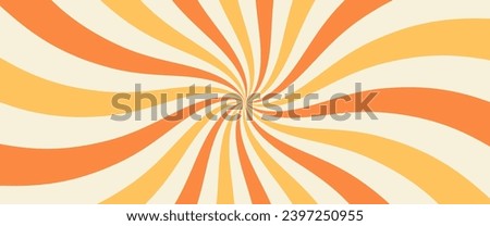 Swirling radial ice cream background. Orange groovy vortex spiral twirl. Twirl sunburst psychedelic pattern. Orange lollipop texture. Swirl candy background. Vector illustration.