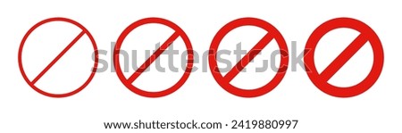 Prohibited circle sign. Prohibition red icon. Ban icon. Red circle with cross line symbol. Caution frame symbol. Forbidden stop sign. Vector illustration isolated on white background.
