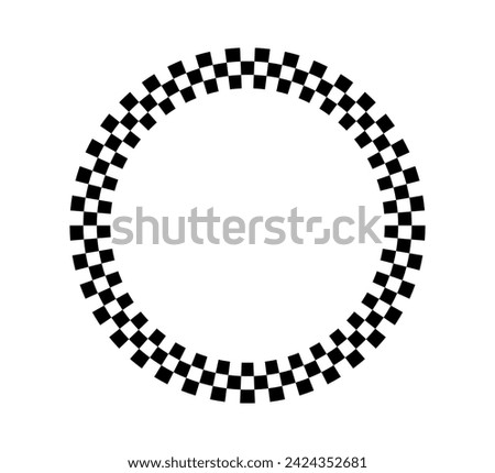 Checkered circle frame. Circle frame with checkerboard geometric pattern. Round chess border with black and white square pattern. Round race frame. Vector illustration on white background.