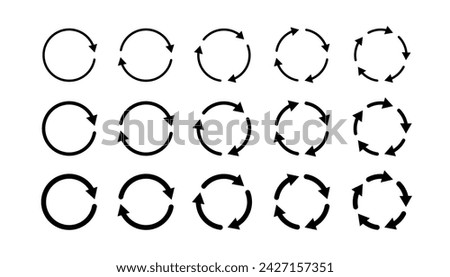 Circle arrow icons set. Round thin and thick reload, restart, recycle and repeat symbol. One, two, three, four, five arrow in loop. Round repeat icon. Vector illustration isolated on white background.