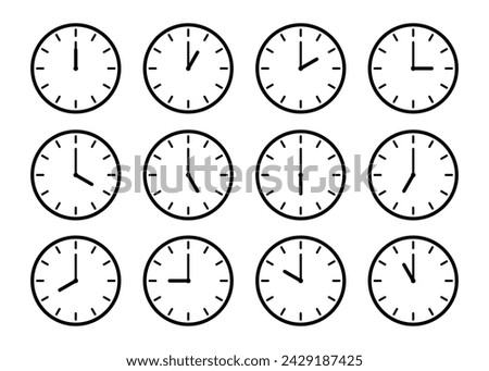 Clocks hands icon. Time sign for every hour. Stopwatch, clock faces set. Evening, morning and noon time. Simple hour icons. Vector illustration isolated on white background.