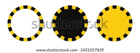 Warning circle frame with yellow black tape. Barricade lines. Round warn frame with text space set. Yellow and black caution tape border. Vector illustration on white background.