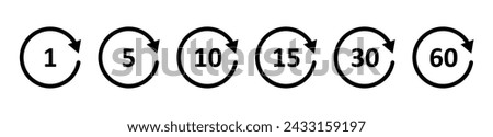 Rewind 5, 10, 15, 30, 60 second icon. Circle arrow icon. Replay or next symbol. Fast forward button. Round repeat sign. Rotating angle. Vector illustration isolated on white background.