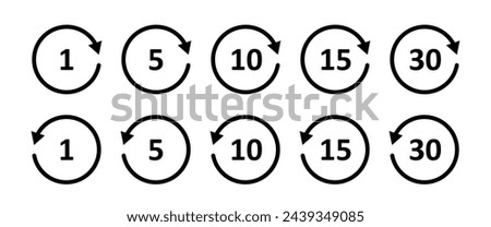 Rewind 1, 5, 10, 15, 30 second icon. Circle arrow icon. Replay or next symbol. Fast forward button. Round repeat sign. Rotating angle. Vector illustration isolated on white background.