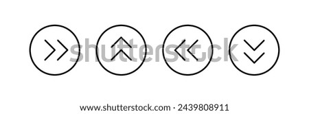 Swipe icon set. Arrow on circle button symbol. Arrow up, down, left, right. Abstract scroll icon element for social media. Move sign. Vector illustration isolated on white background.